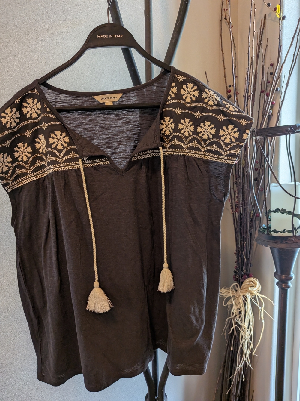 Lucky Brand Black Top with Cream Embroidered Yoke and Tassels